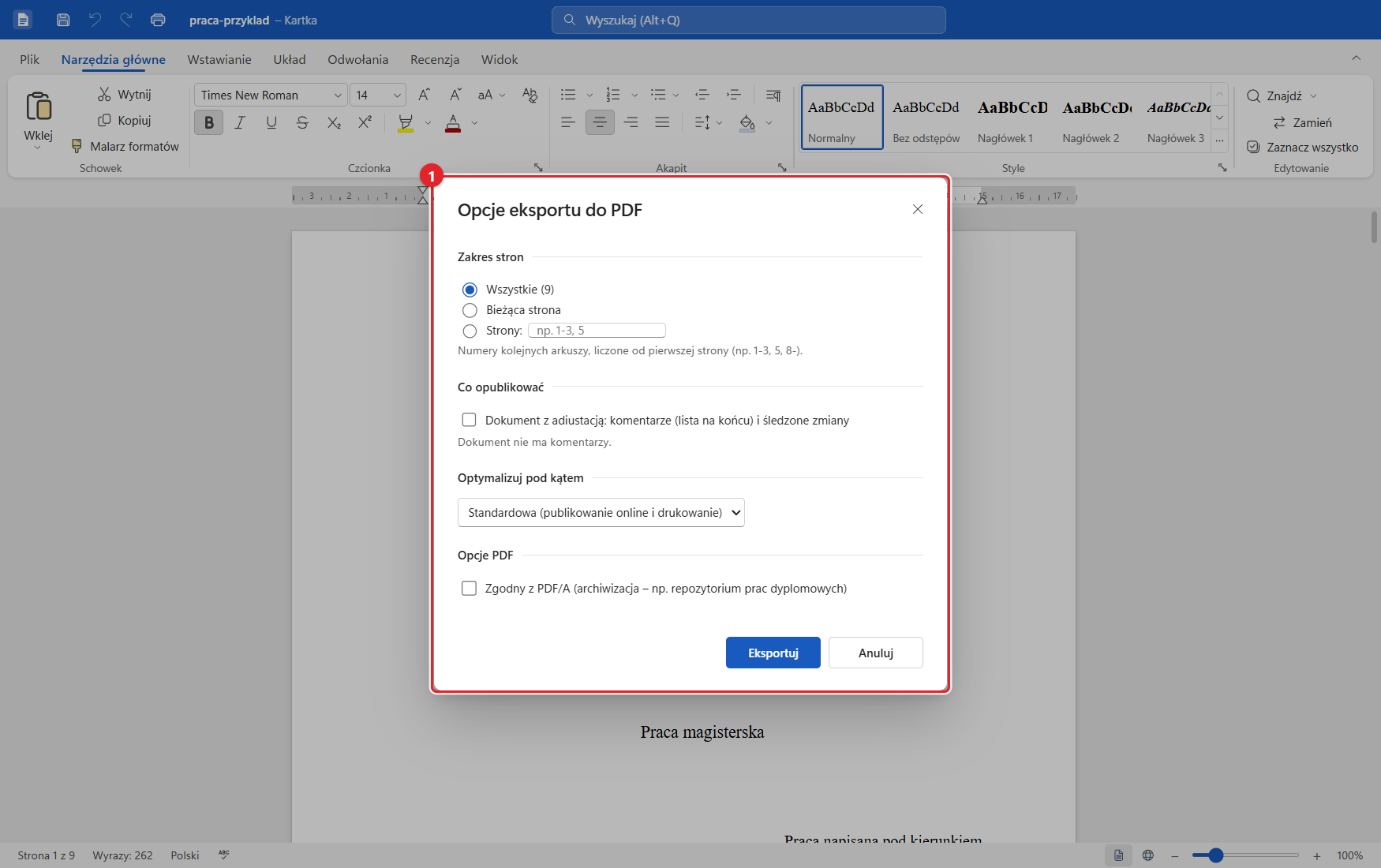 Opcje eksportu do PDF