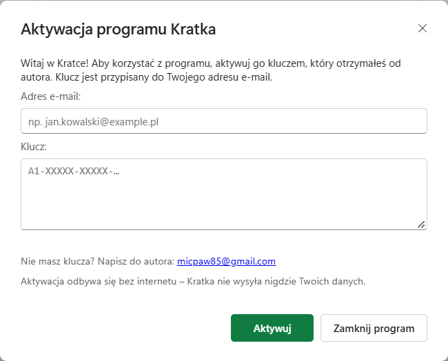 Okno Aktywacja programu Kratka: adres e-mail, klucz, przyciski Aktywuj i Zamknij program