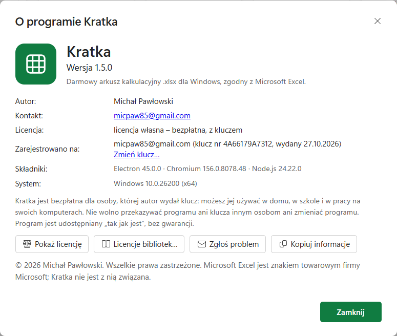 Okno O programie Kratki: wersja, autor, kontakt, licencja własna, rejestracja i przyciski