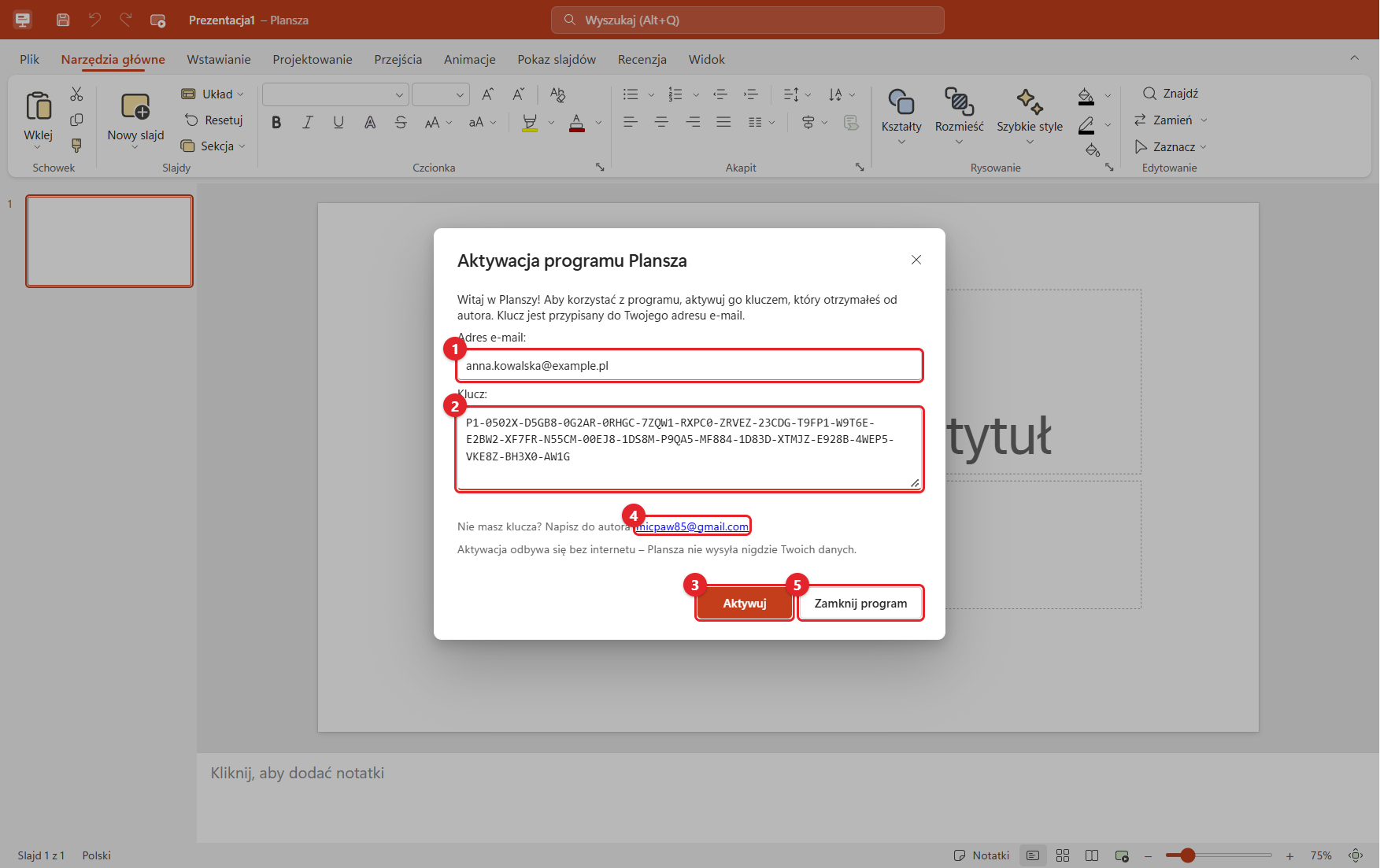 Okno aktywacji programu Plansza