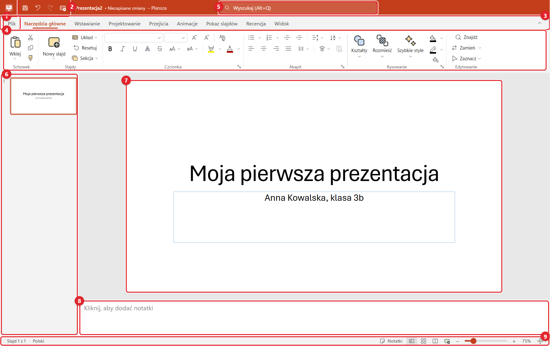 Okno programu Plansza z oznaczonymi częściami