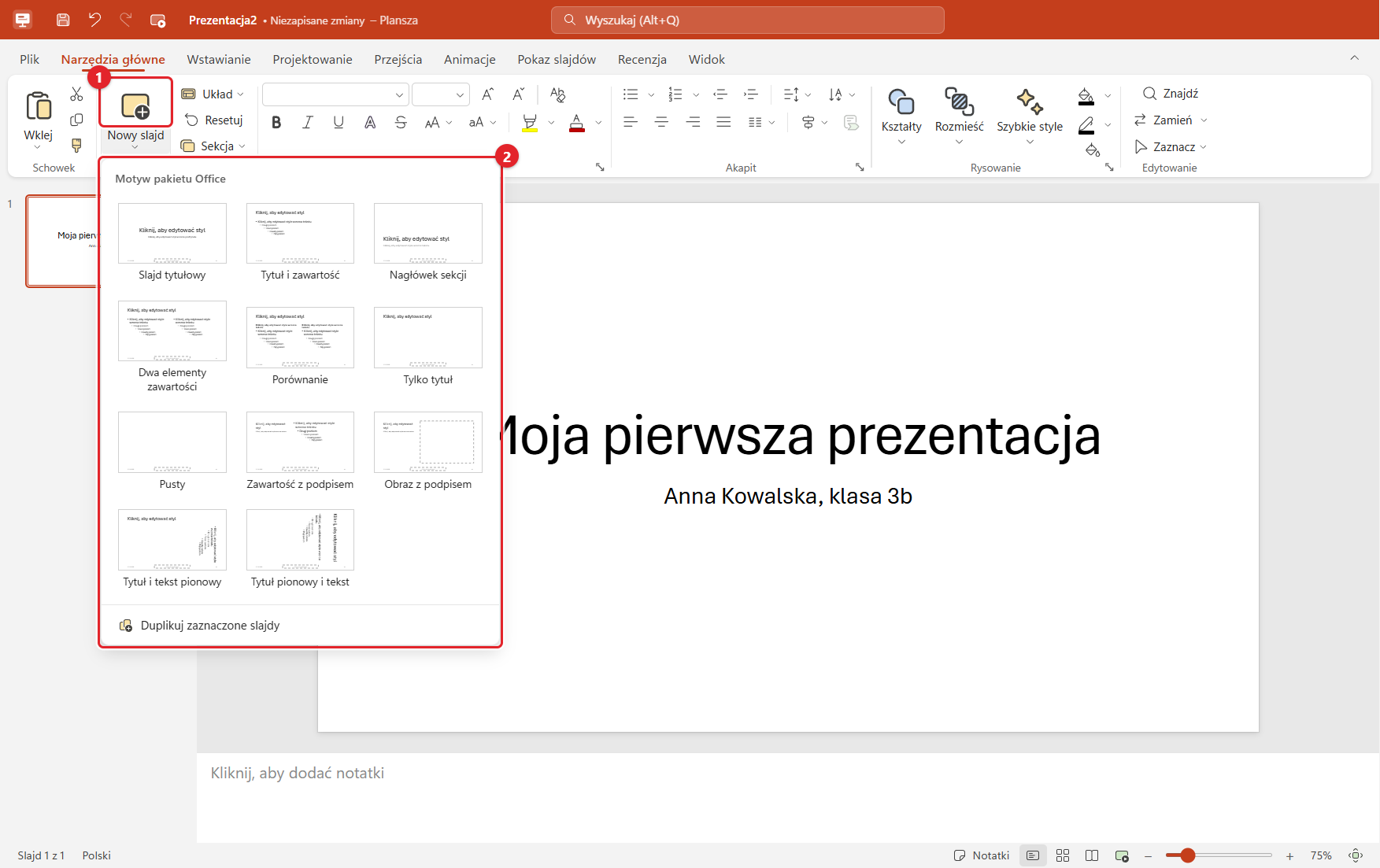 Galeria układów pod przyciskiem Nowy slajd