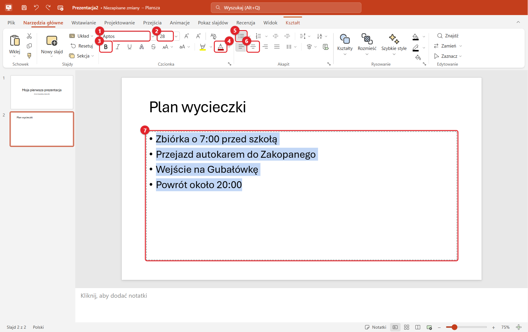 Formatowanie tekstu na slajdzie