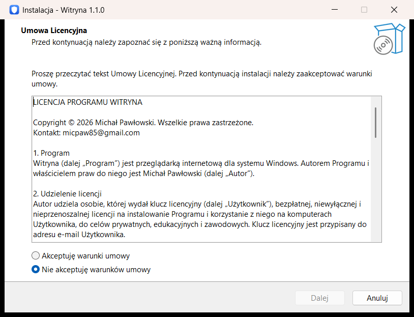 Instalator Witryny – ekran licencji