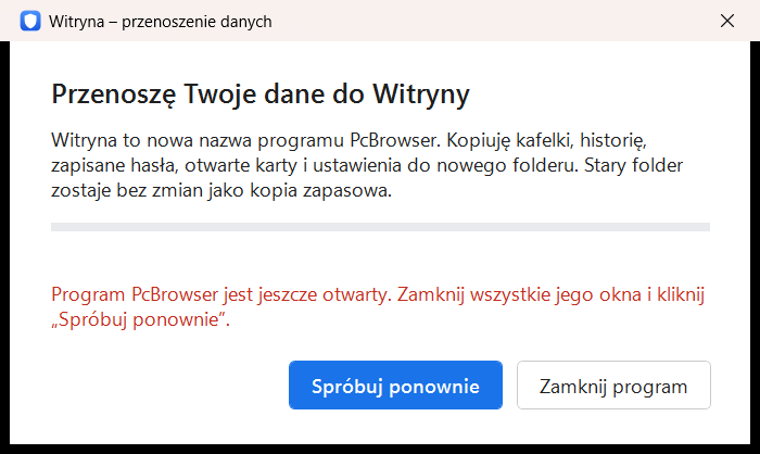Okno przenoszenia danych z PcBrowser