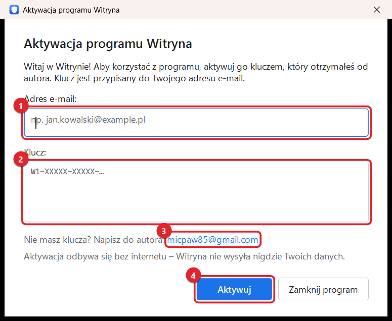 Okno aktywacji programu Witryna