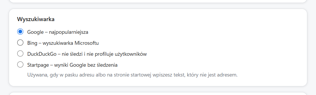Wybór wyszukiwarki w Ustawieniach