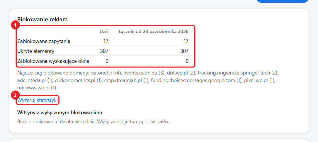 Statystyki blokowania reklam w Ustawieniach
