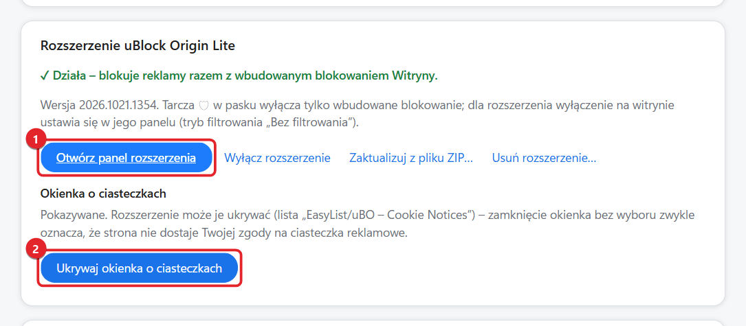 Karta uBlock Origin Lite w Ustawieniach