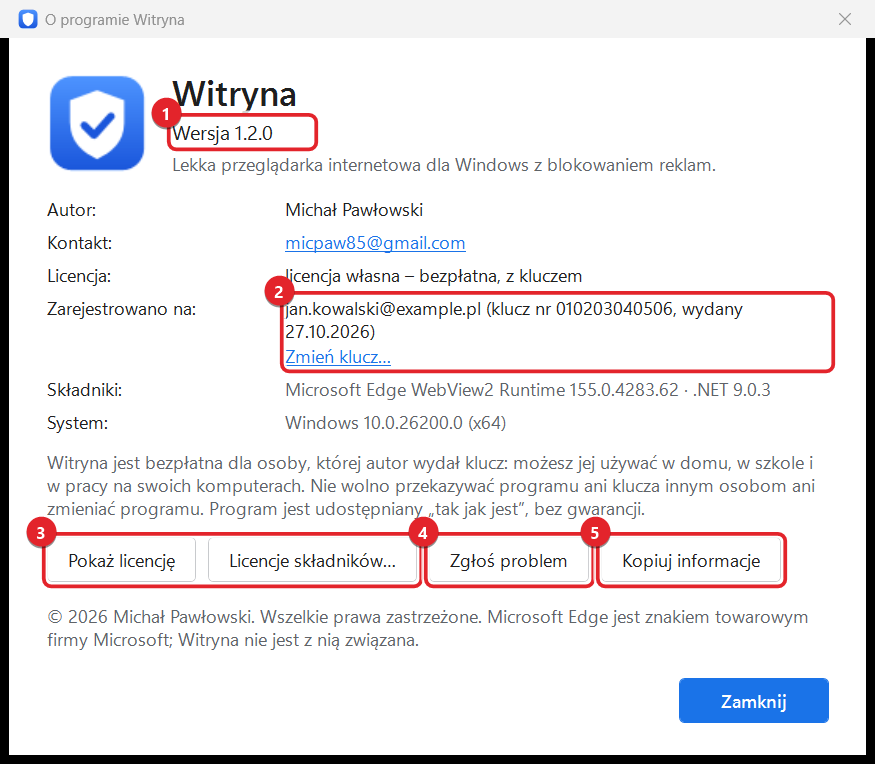Okno O programie Witryna